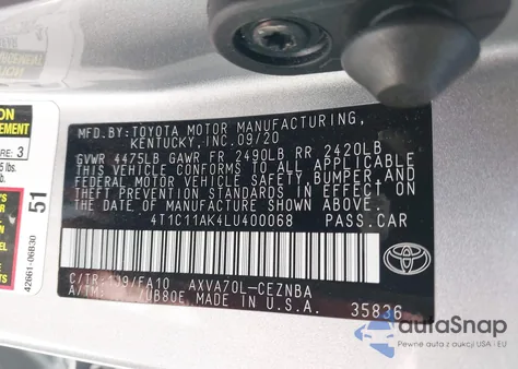 2020 Toyota Camry Le z USA, uszkodzony, nr VIN 4T1C11AK4LU400068